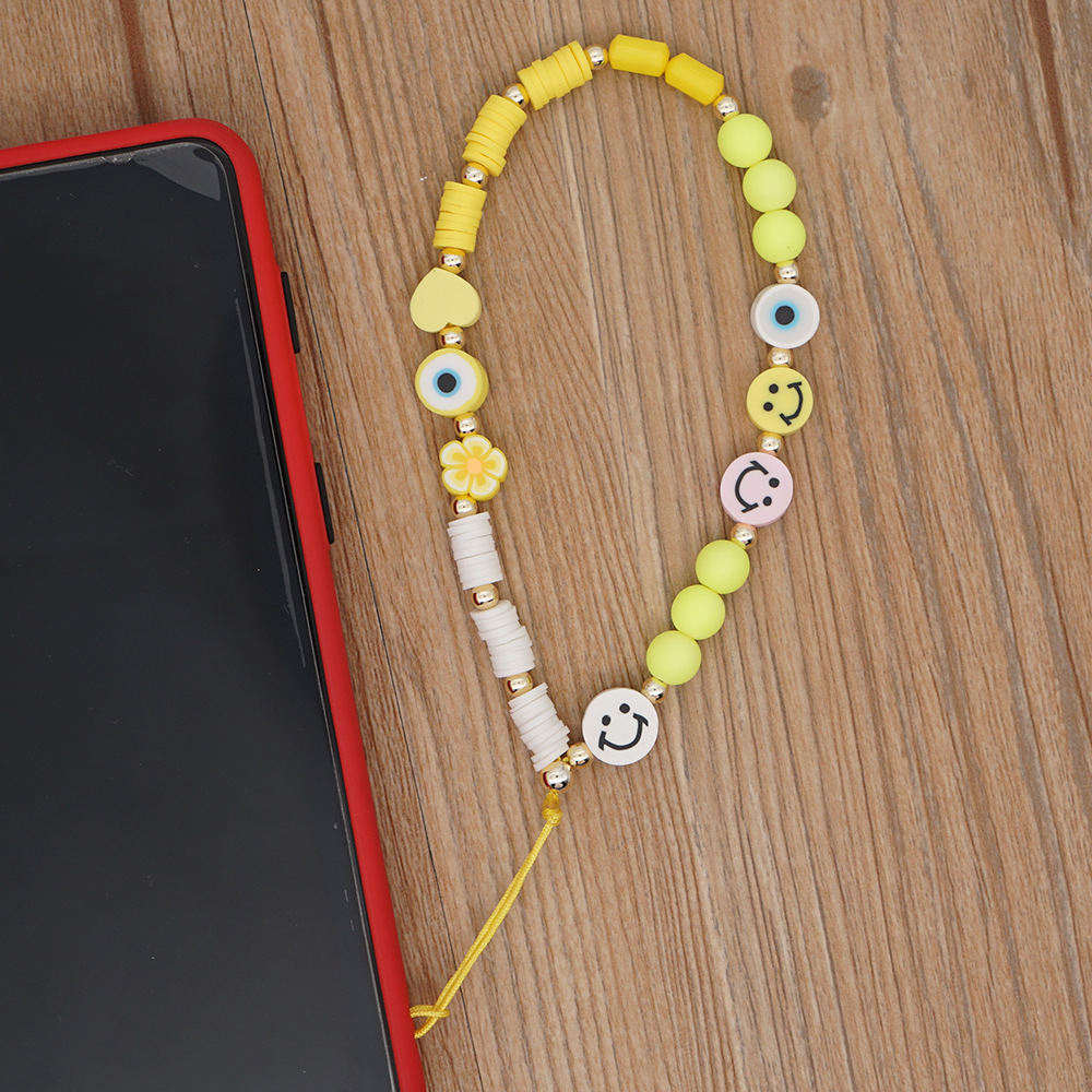 Pure color smiley soft pottery mobile phone lanyard devils eye beaded antilost mobile phone chainpicture5