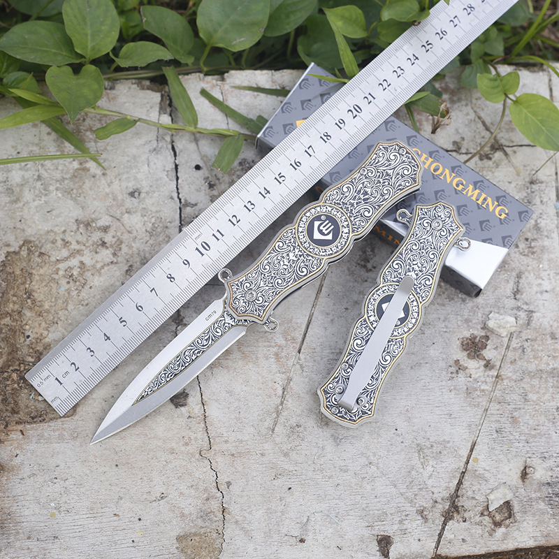 3D菊花纹钢柄 户外迷你折叠刀 高硬度野外随身防身携带求生刀cm79