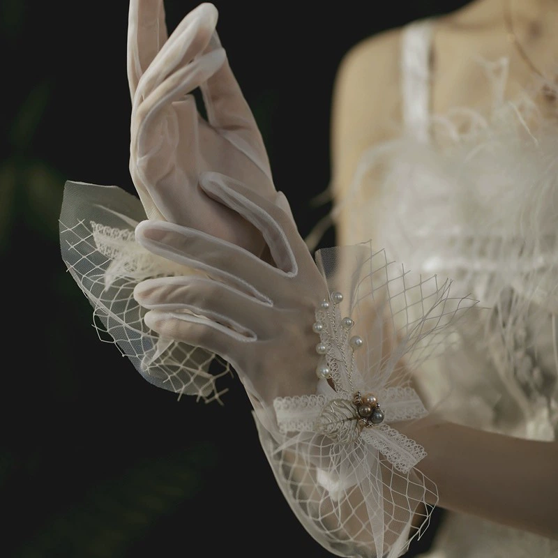 Свадебные корейский стиль цветок короткие перчатки белый бант кружева Красивые перчатки свадебные перчатки аксессуары оптом