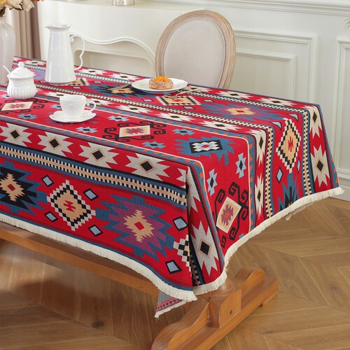 American cotton and linen geometric tablecloth, ethnic style table runner, Bohemian rectangular dining tablecloth, tea table runner