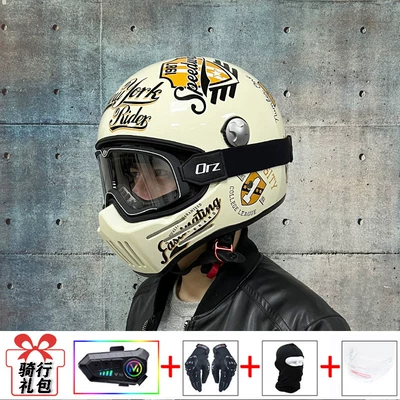 Unisex Rider Cruising Helmet | Motosiklet kaskı (dəbilqə) - cruise-ship-with-retro-black-goggles-transparent-goggles-delivered-y10-soft-wheat-m