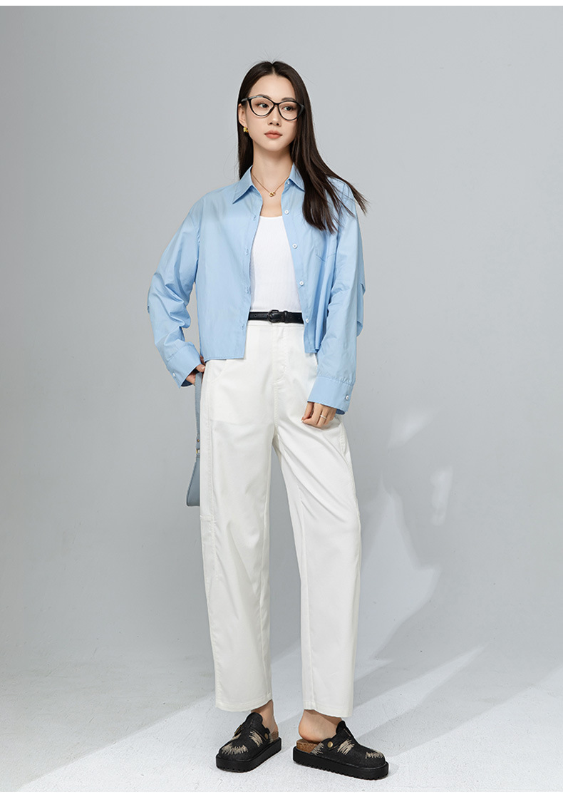 Áo sơ mi polo dài tay nữ kiểu Pháp chất cotton thụng, dáng ngắn mặc ngoài cardigan — Xanh nước muối chi tiết 20