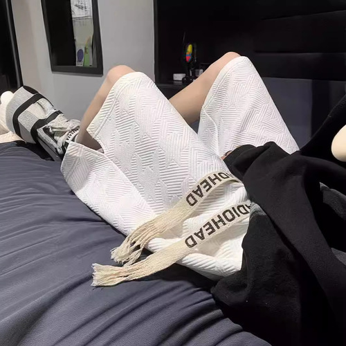 2024 American Men's Knee-length Waffle Shorts Summer Casual Knitting Drawstring Sports Loose Sportswear 