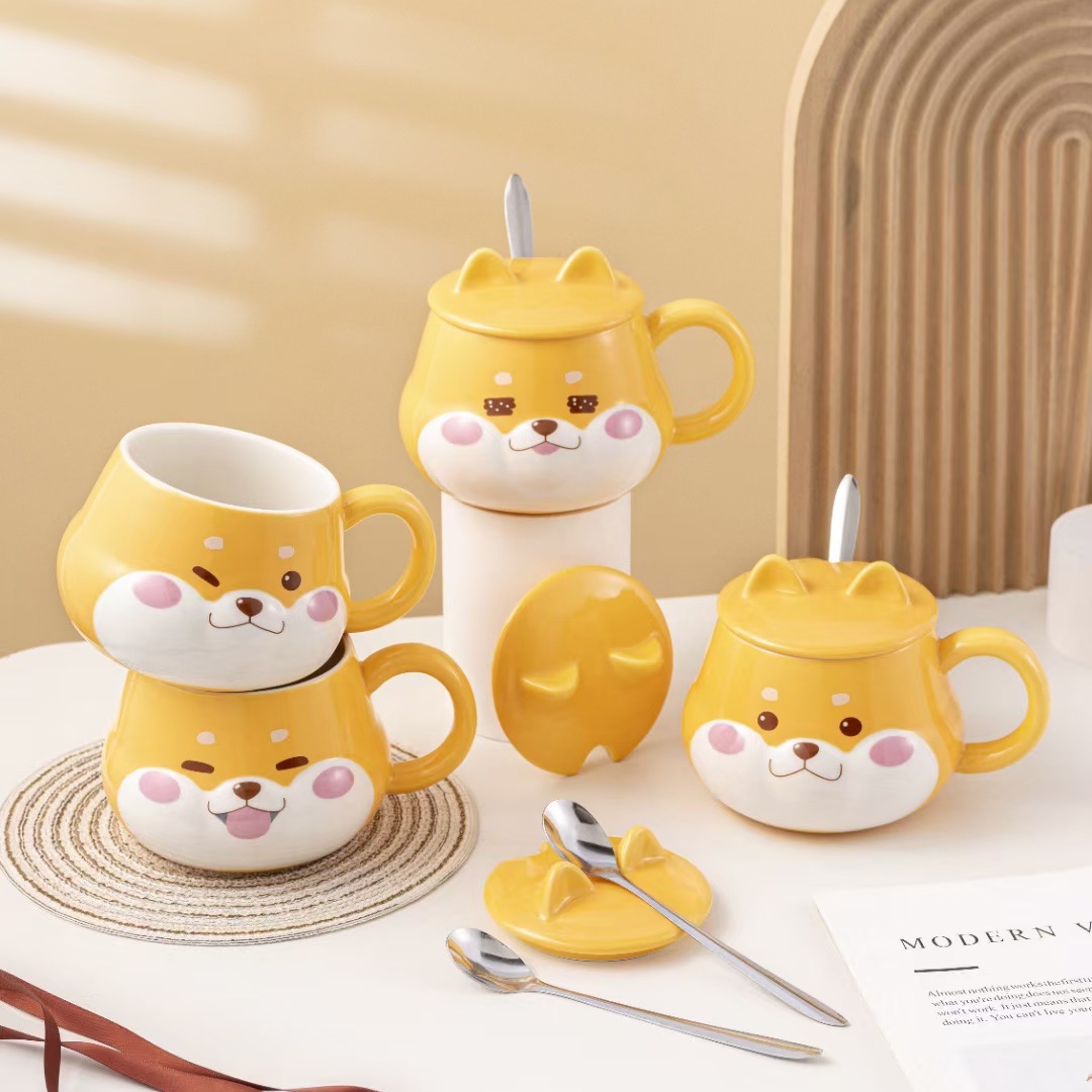 Creative Cartoon Cute Shiba Inu Mug Ceramic With Lid And Spoon Puppy-Shaped Coffee Personalized Souvenir Cup_voghion.com