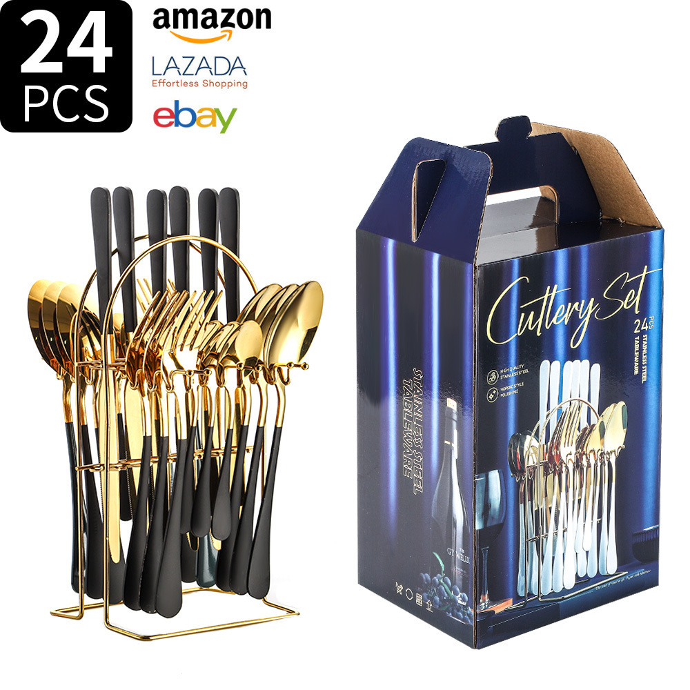 Fuente transfronteriza Amazon 1010 cubiertos de acero inoxidable cuchillo de comida occidental tenedor cuchara 24 piezas caja de regalo cuchara hotel
