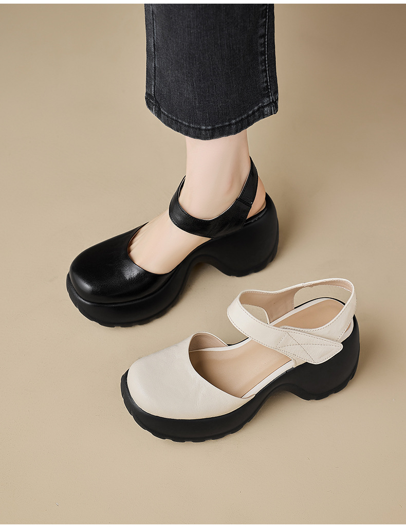 Sandal cao gót nữ hở mũi da thật quai dán, đế platform chống trượt, gót 9 cm — màu đen, màu trắng ngà chi tiết 11