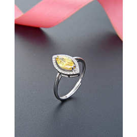S925纯银黄水晶戒指女韩版时尚简约镶钻开口指环小众设计感手饰