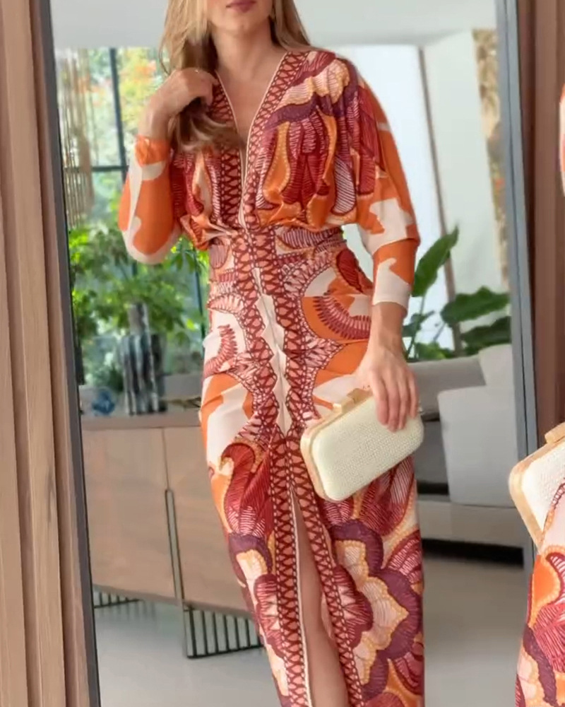 Baroque Print Long Sleeve Midi Dress – Deep V-Neck Slim Fit Retro Elegance (S-XL, Orange)_ecoleips.com
