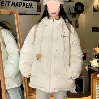 文文不乖原创可爱波点立领棉服设计感小熊宽松冬季棉衣女面包服