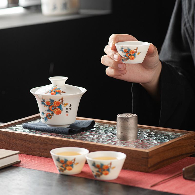 Sheer Jade White Porcelain Travel Tea Set Outdoor Gongfu Tea Set Lid Bowl Tea Cup Portable Quick Cup Gift Logo