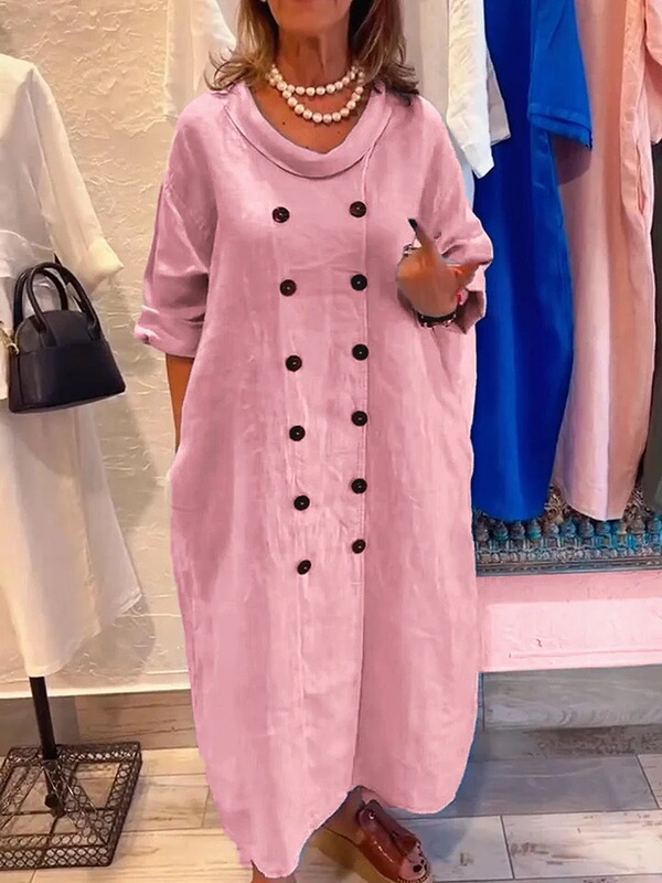 2025新款欧美跨境女装宽松纯色度假休闲纽扣文艺风时尚棉麻连衣裙|undefined