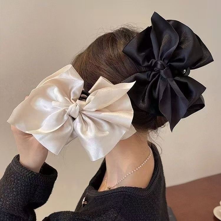 フランスの特大黒サテンリボンクリップ、女性の後頭部用の高級ヘアクリップ、エレガントなファブリックシャーククリップ|undefined