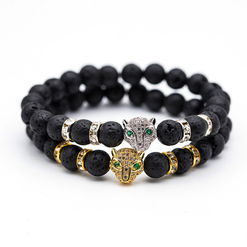 Frosted Volcanic Rock Bracelet Beads Leopard Lion Head Bracelet
