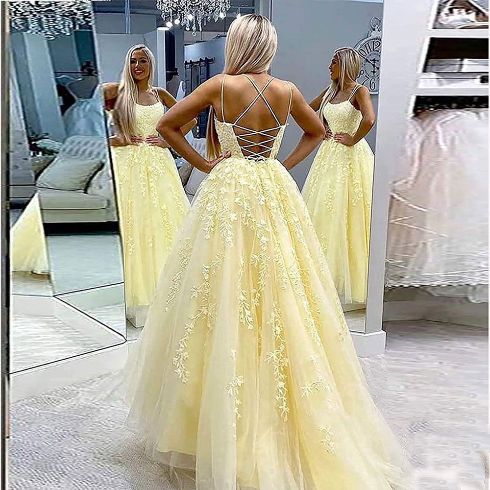 Amazon Comercio exterior espaguetis Correa baile vestido de noche largo tul encaje apliques vestido de fiesta de las mujeres image 2