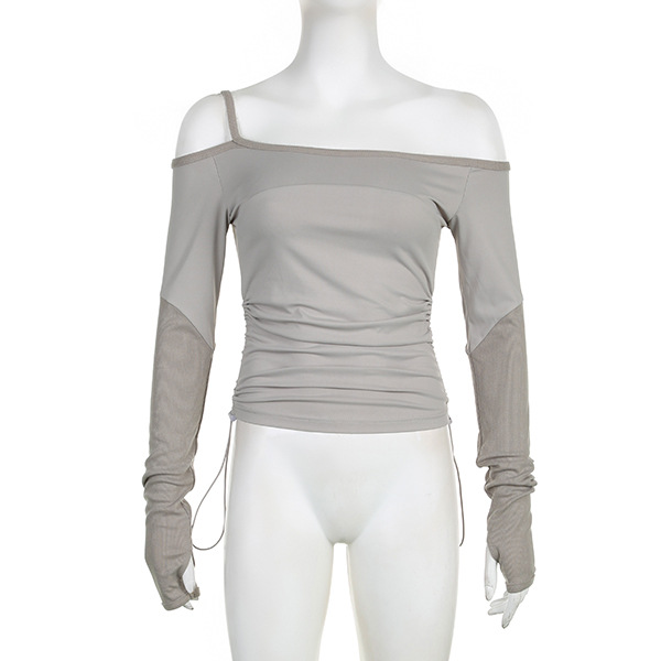 Sexy Single Shoulder Suspender Off Neck Long Sleeved T Shirt Women Solid Color Side Pleating Slim Fit Bottoming Top
