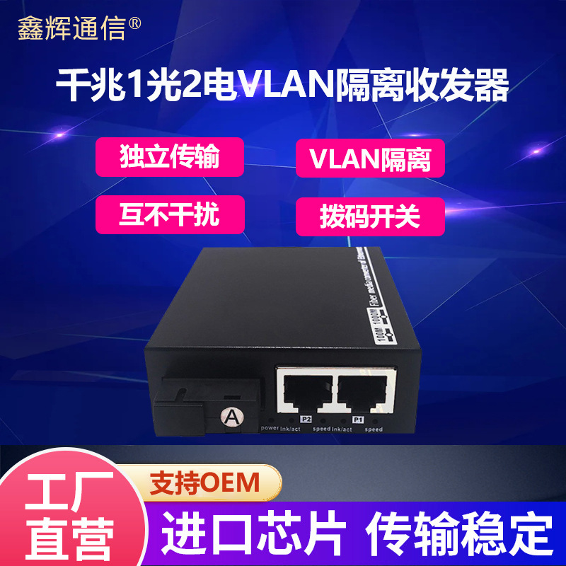 千兆1光2电物理隔离收发器VLAN隔离一对一独立传输光电转换交换机