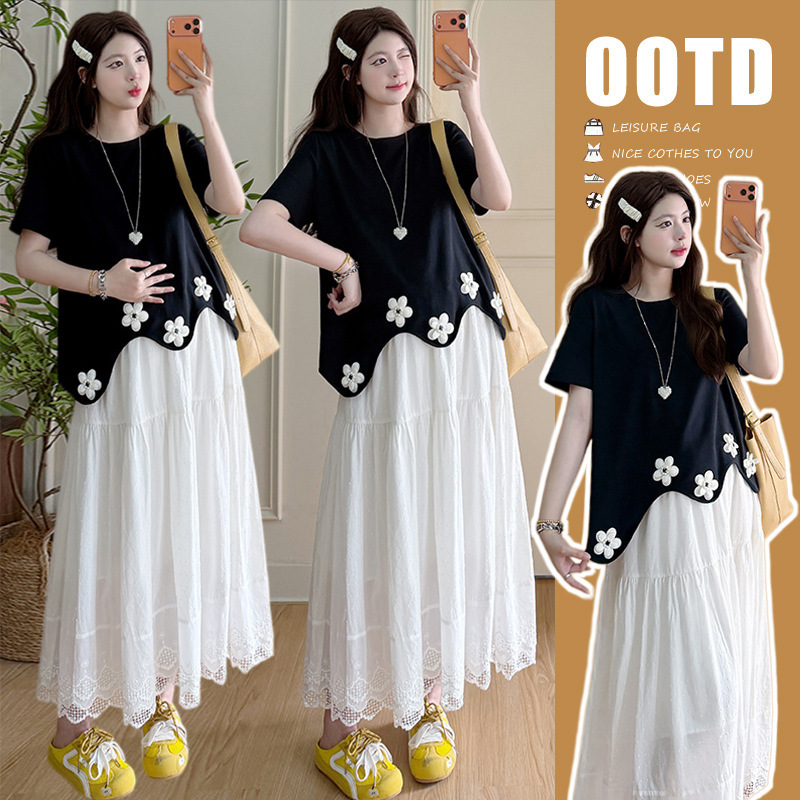 Pregnant Women's New Summer Style Cotton Short-Sleeved Versatile Asymmetrical Floral T-Shirt Lace Skirt Sweet Slimming Look Set