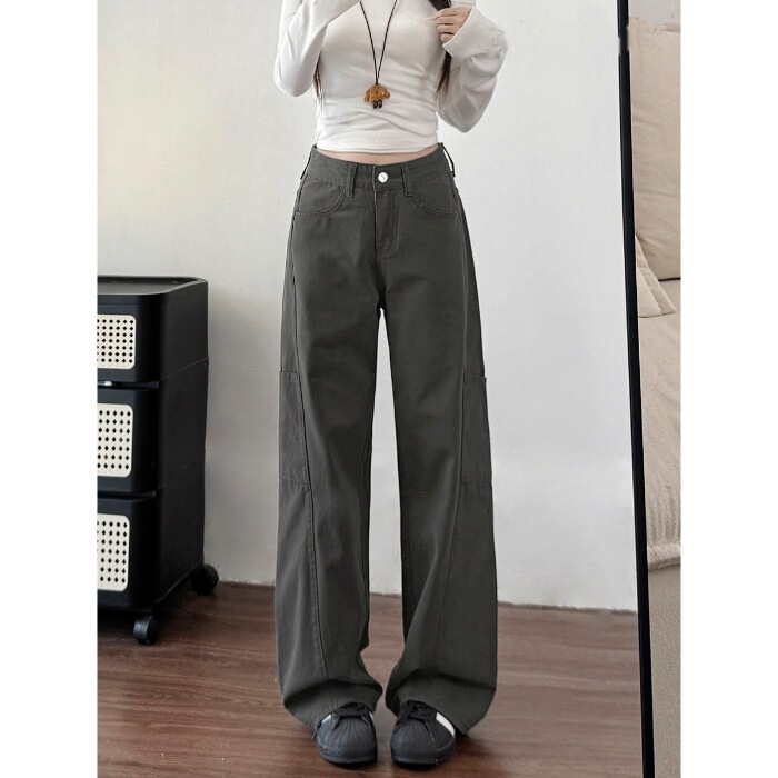【广州新塘牛仔】灰色阔腿休闲工装裤女秋季显瘦宽松直筒牛仔裤子|undefined