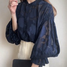 韩版日系外贸新款女装花朵泡泡袖高级感蕾丝衫雪纺上衣长袖衬衫女