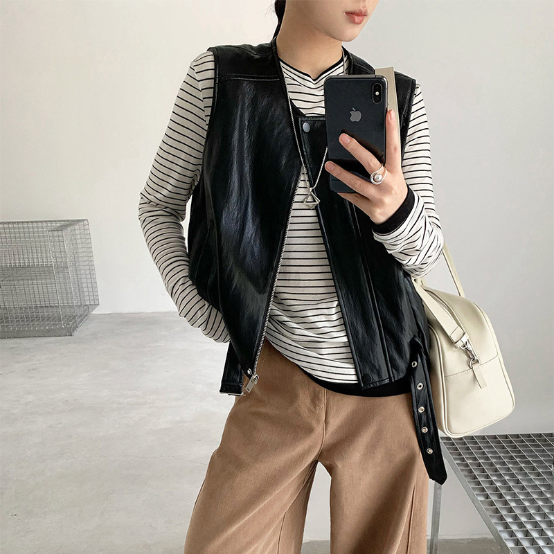 Vintage Old Money Style Women's Vest Jacket, New Early Autumn Fashionable Motorcycle Style, Waist-Cinched Hem PU Leather Jacket Vest Vintage Old Money Style Women's Vest Jacket, New Early Autumn Fashionable Motorcycle Style, Waist-Cinched Hem PU Leather Jacket Vest