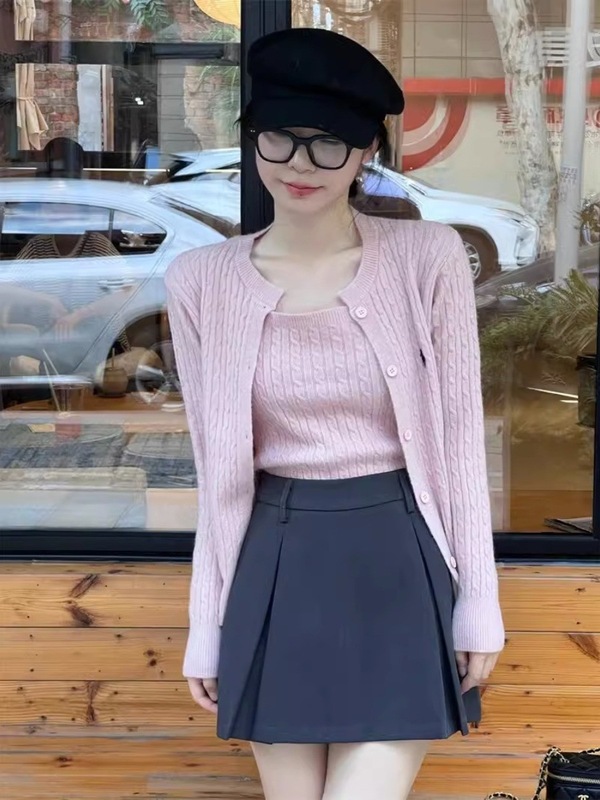 韩系温柔针织开衫两件套套装女春秋外穿百搭设计感麻花毛衣外套|undefined