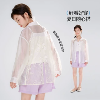 媛媛公主后背镂空衬衫夏季新款莱赛尔天丝小衫拼接长袖衬衫空调衫