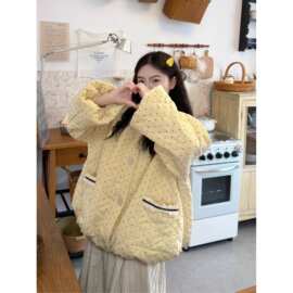甜美风黄色波点外套女2025冬季宽松加厚保暖减龄小个子面包服外套