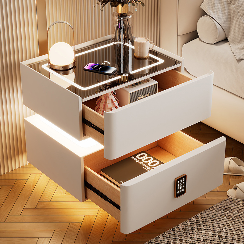 智能床頭櫃帶燈2024新款小型帶鎖床邊櫃輕奢感臥室超窄收納櫃