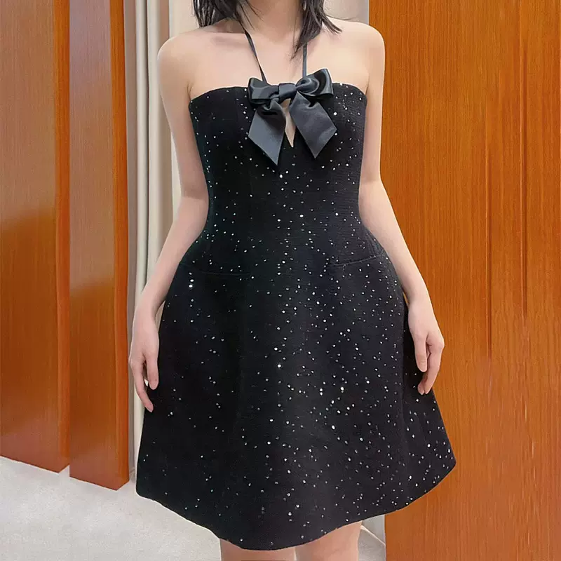 【现货】带鱼骨~小香风粗花呢挂脖蝴蝶结礼服连衣裙 24628