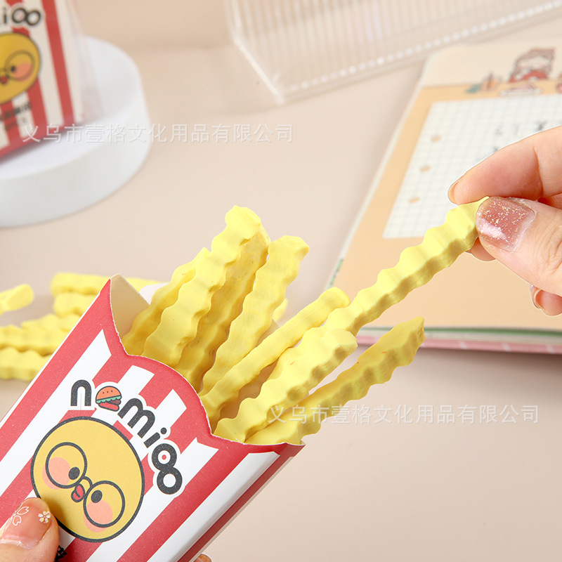 Nuevos productos de dibujos animados en forma de borradores de papas fritas lindos y creativos, el conjunto de borradores de papas fritas limpiado transfronterizos