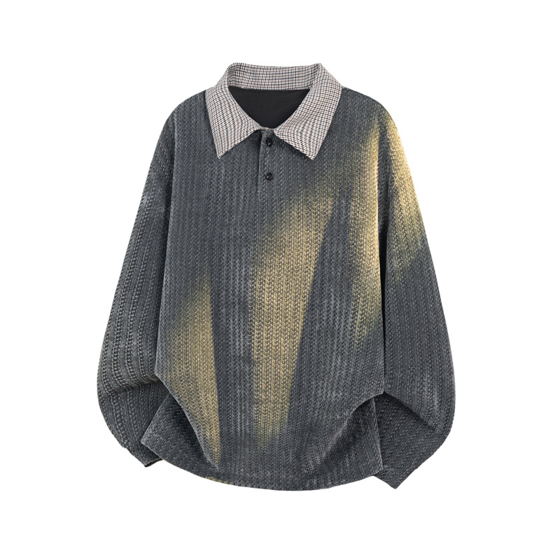 Herren-Sweatshirt mit schwerem Polokragen im amerikanischen Stil mit Fischgrätenmuster, gestreiftes Langarm-T-Shirt für den Frühling_voghion.com