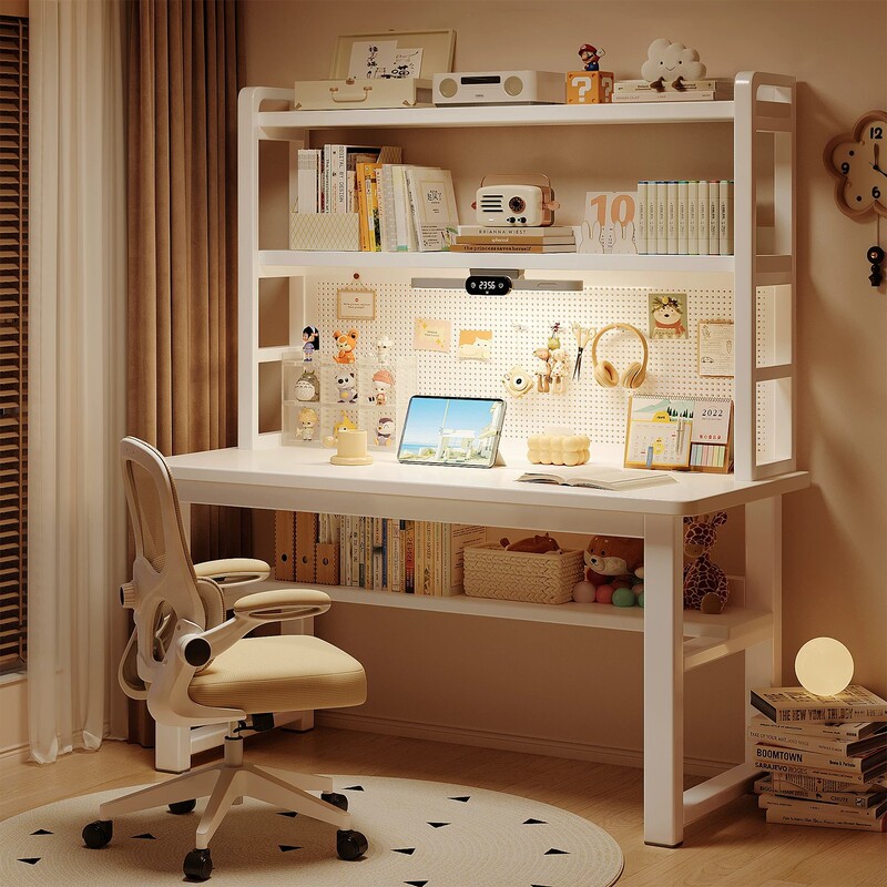 Desk with bookshelf, integrated desk for students and home use, writing desk with eye protection lamp, study desk with perforated board for bedroom, computer desk Desk with bookshelf, integrated desk for students and home use, writing desk with eye protection lamp, study desk with perforated board for bedroom, computer desk