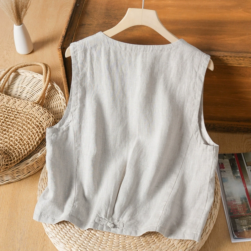 Summer retro solid vest for leisure, cotton and linen