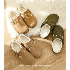 Brocken Shoes with Faux Fur and Thick Leather Outerwear 2022 Winter Large Head Shoes Retro Japanese Feel Suede Cotton Shoes