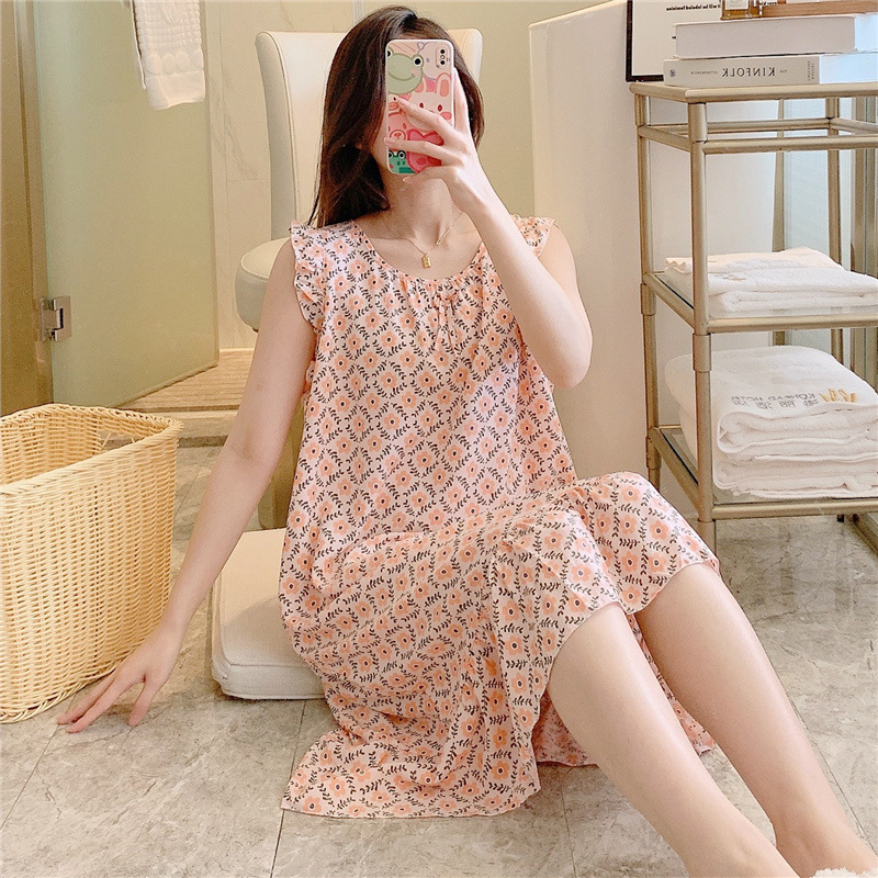 2025新款人造棉睡裙女夏季薄款绵绸印花孕妇可外穿长裙家居服|undefined