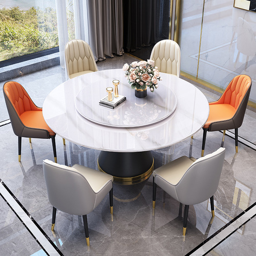 Light luxury glossy slate round table hotel restaurant large round table induction cooker with turntable dining table round dining table and chairs combination