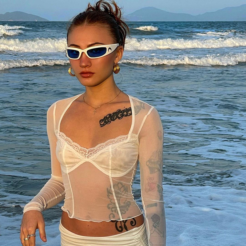 2024 Europe and the United States cross-border summer new temperament lace stitching mesh perspective sexy long sleeve top women