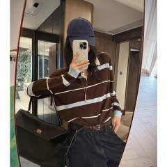 韩系撞色条纹polo领翻领单穿上衣女秋季独特绝美小香风长袖针织衫