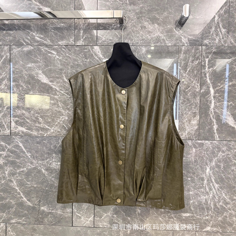 Round Neck Genuine Leather Vest Sleeveless Women's Loose Slimming Versatile Stylish Simple Jacket Waistcoat Korean Style Fur