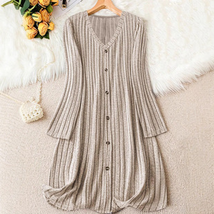 Cross-border European and American Autumn and Winter New Solid Color V-neck Long Sleeve All-match dress Women