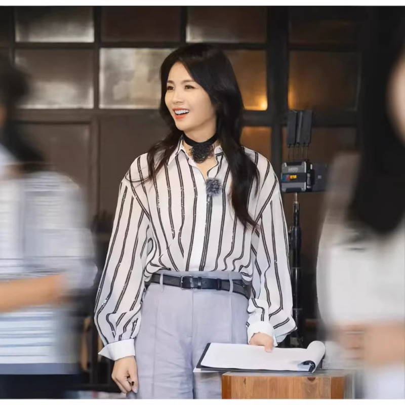 Liu Tao's Same Style Bc Old Money Style Silk Cotton Embroidered Sequin Striped Shirt, Cross-Border Striped Shirt, Slim Fit Shirt That Accentuates the Figure