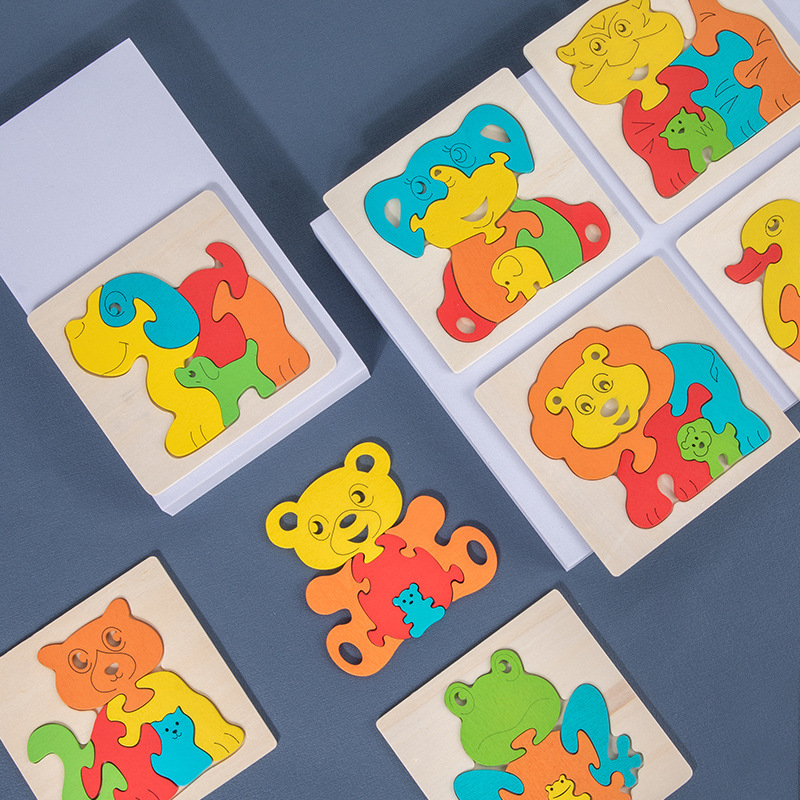 Fábrica directa de madera infantil plano puzzle padres-hijos patrón de animales cognición niños niñas juguetes de educación temprana