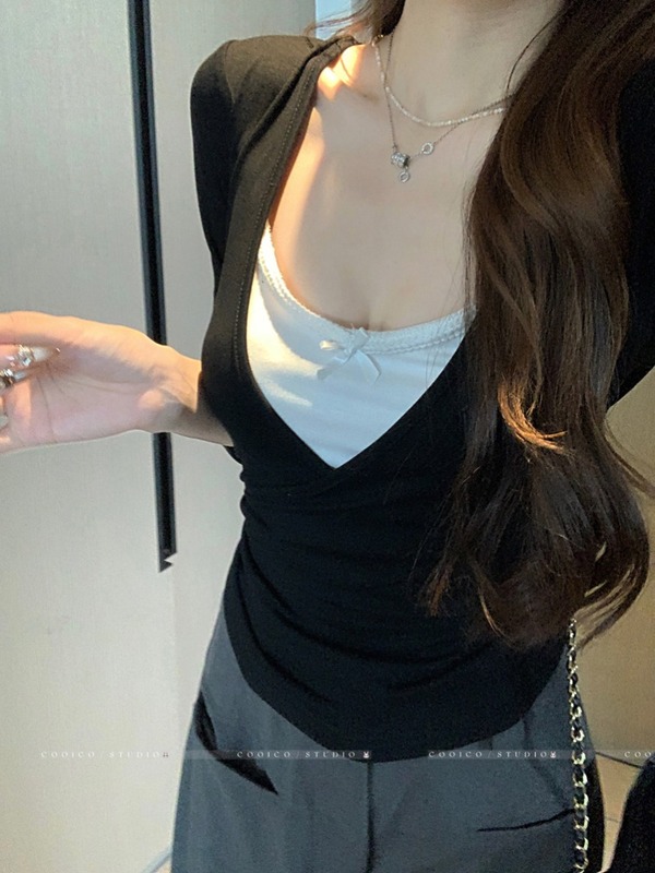 设计感别致假两件撞色长袖T恤女装秋季韩系别致减龄修身显瘦上衣|undefined