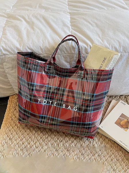 Vintage large plaid jelly handbag, fashionable large-capacity commuter jelly bag, versatile tote bag, trendy A17