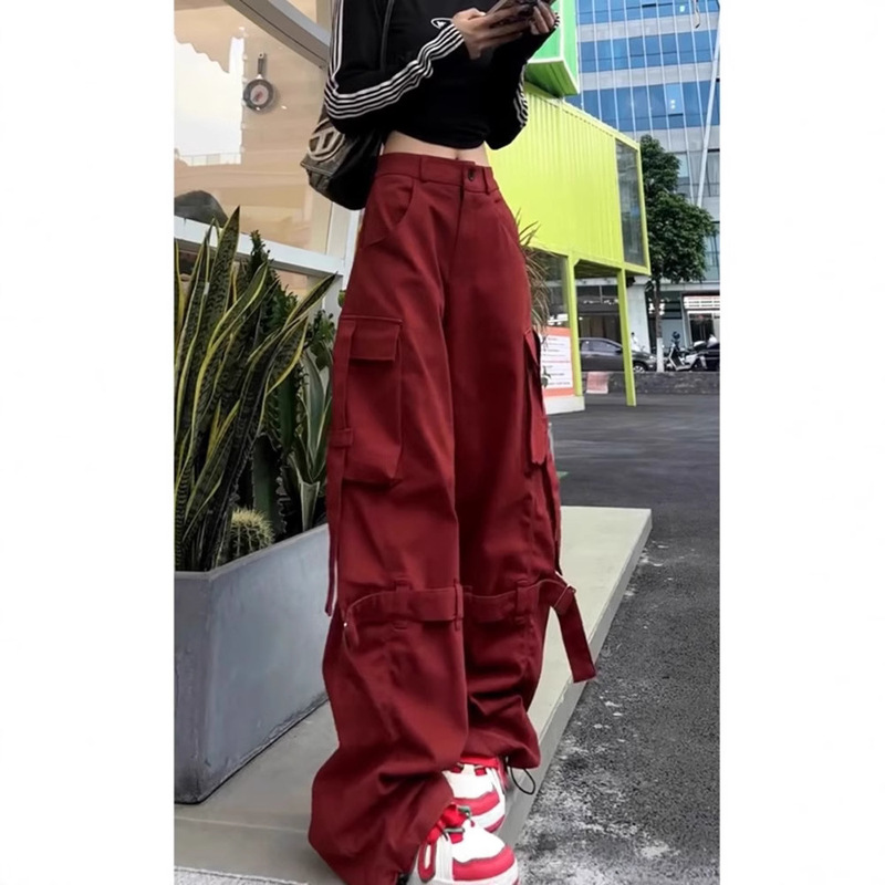 American High Street Multi-Pocket Cargo Pants for Women Spring and Autumn New Straight-Leg Floor-Length Casual Sports Long Pants