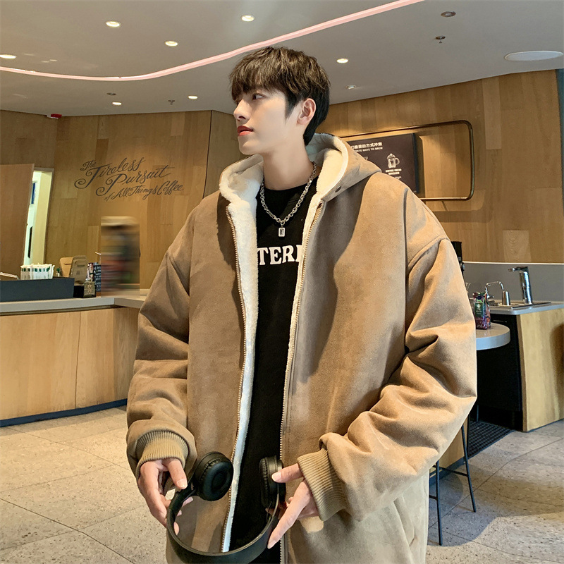 가을과 겨울 두꺼운 양고기 후드 루즈 기모 커플 단색 하이 스트리트 코튼 패딩 자켓 코튼 패딩 재킷 미국면 패딩 자켓 윈터 코트
