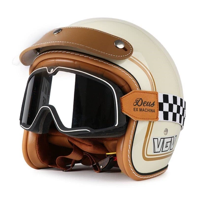 Motosiklet dəbilqələri — Certified Retro Motorcycle Helmet Electric - m-milky-white-gold-rim-brown-leather-brim-black-and-white-checkered-goggles-free-brim-face-towel