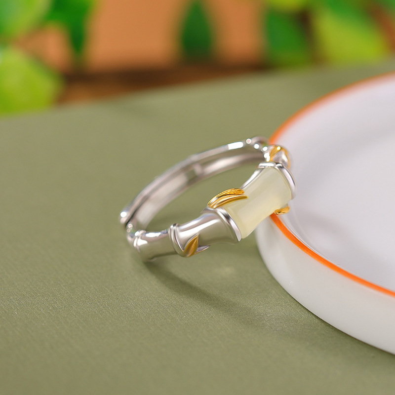 Nhẫn bạc S925 mạ vàng ngọc Hetian cổ điển họa tiết lá tre, khớp mở điều chỉnh — Mở một size