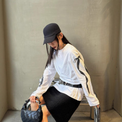 印花丝绸缎蝴蝶结飘带长袖T恤简约圆领宽松休闲上衣男女同款