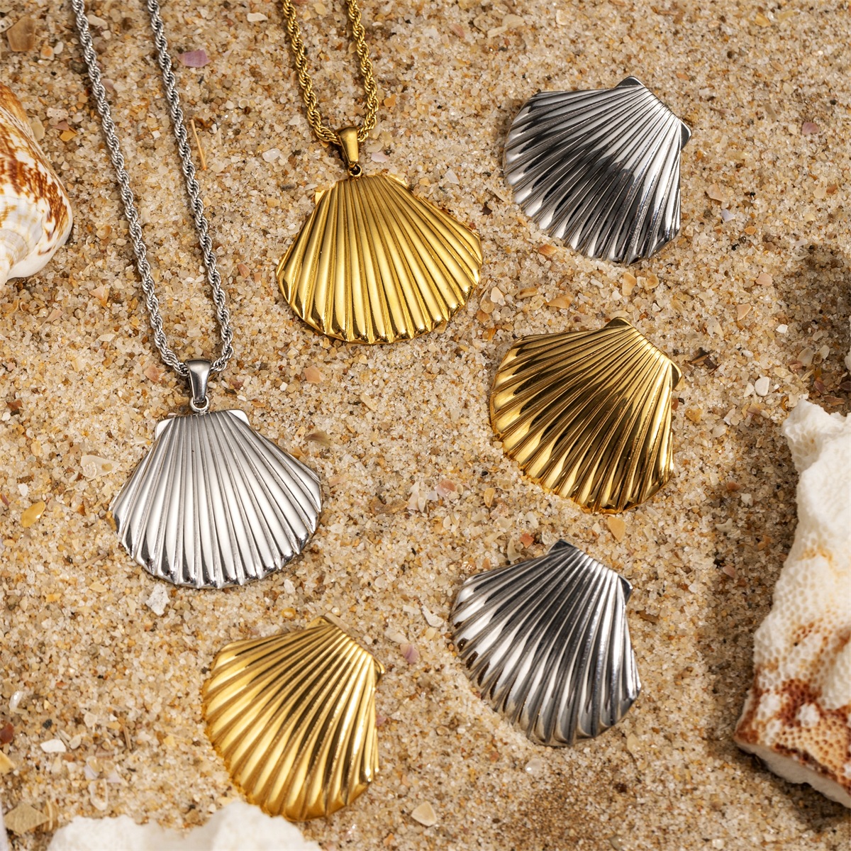 Taena europeo y americano collar de concha de acero inoxidable pendientes estilo océano diseño de moda sentido cadena de clavícula joyería en forma de abanico mujer